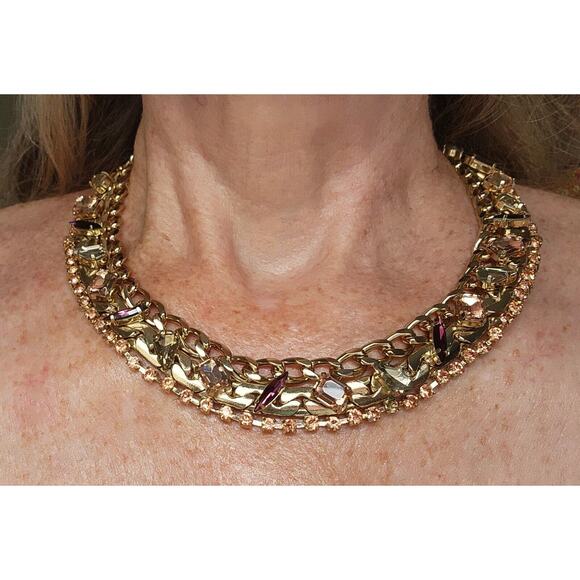 NECKLACE-CHOKER-COLLAR-BANANA REPUBLIC-Gold-Multi Rhinestones-Bling-Classic - Picture 3 of 16